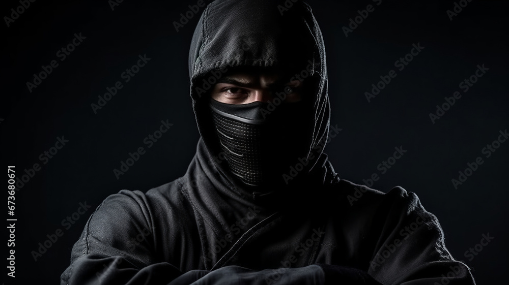 Assassin ninja in black clothes on dark background Assassin ninja in black clothes on dark background