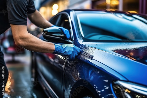 A man cleaning car with microfiber cloth, car detailing (or valeting) concept. Car wash background.