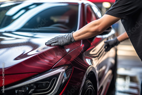 A man cleaning car with microfiber cloth, car detailing (or valeting) concept. Car wash background. © arhendrix