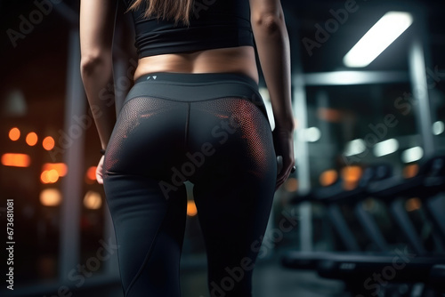 Back view of fit woman legs wearing tight sportswear in gym workout. Healthy lifestyle, fitness and sport