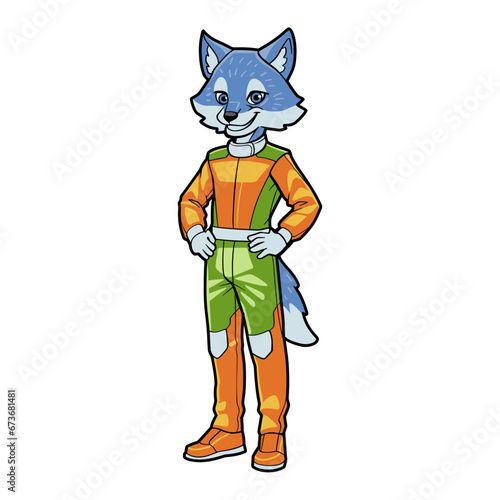 Cartoon Illustration of Anthropomorphic Wolf Wearing a Multicolor Racing outfit