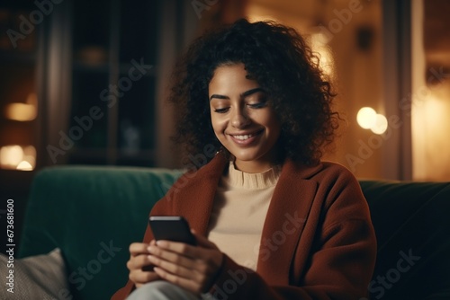 happy young woman with smartphone at home in the living room