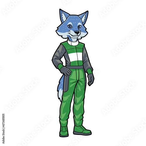 Cartoon Illustration of Anthropomorphic Wolf Wearing a Multicolor Racing outfit