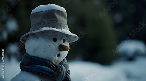 Snowman with a carrot nose, hat, scarf, coal buttons standing outside on a winters day. Concept of winter, snow and childhood. photo