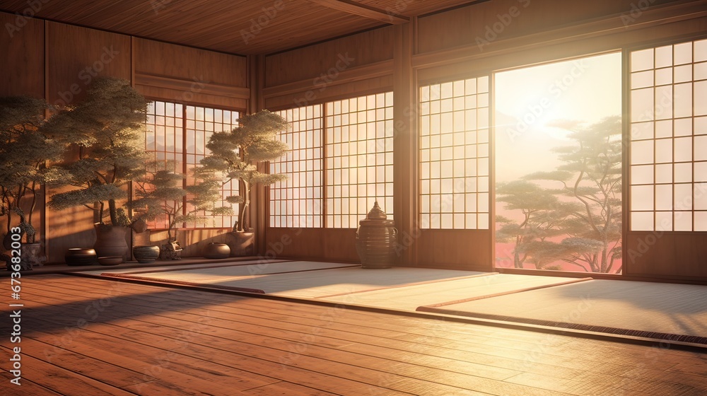 Wooden room with wooden floor. AI generated art illustration. Wooden room with wooden floor. AI generated art illustration.