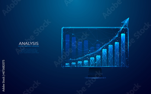 Abstract growth graph chart with tech arrow up on computer monitor screen. Data analysis concept on technology background in digital futuristic light blue style. Low poly wireframe vector illustration