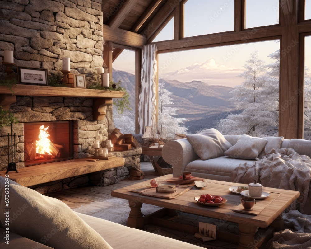 A cozy haven awaits, with flickering flames casting a warm glow on plush furnishings and sturdy stone walls, beckoning you to unwind in this indoor sanctuary by the hearth A cozy haven awaits, with flickering flames casting a warm glow on plush furnishings and sturdy stone walls, beckoning you to unwind in this indoor sanctuary by the hearth