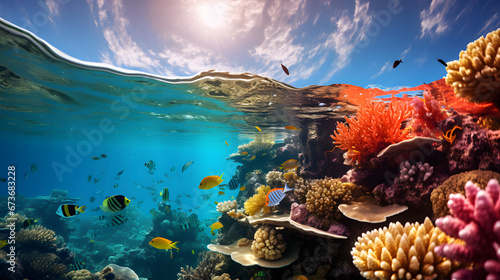 A vivid underwater photograph of a vibrant coral reef in danger of bleaching  portraying the fragile beauty threatened by ocean warming and acidification.
