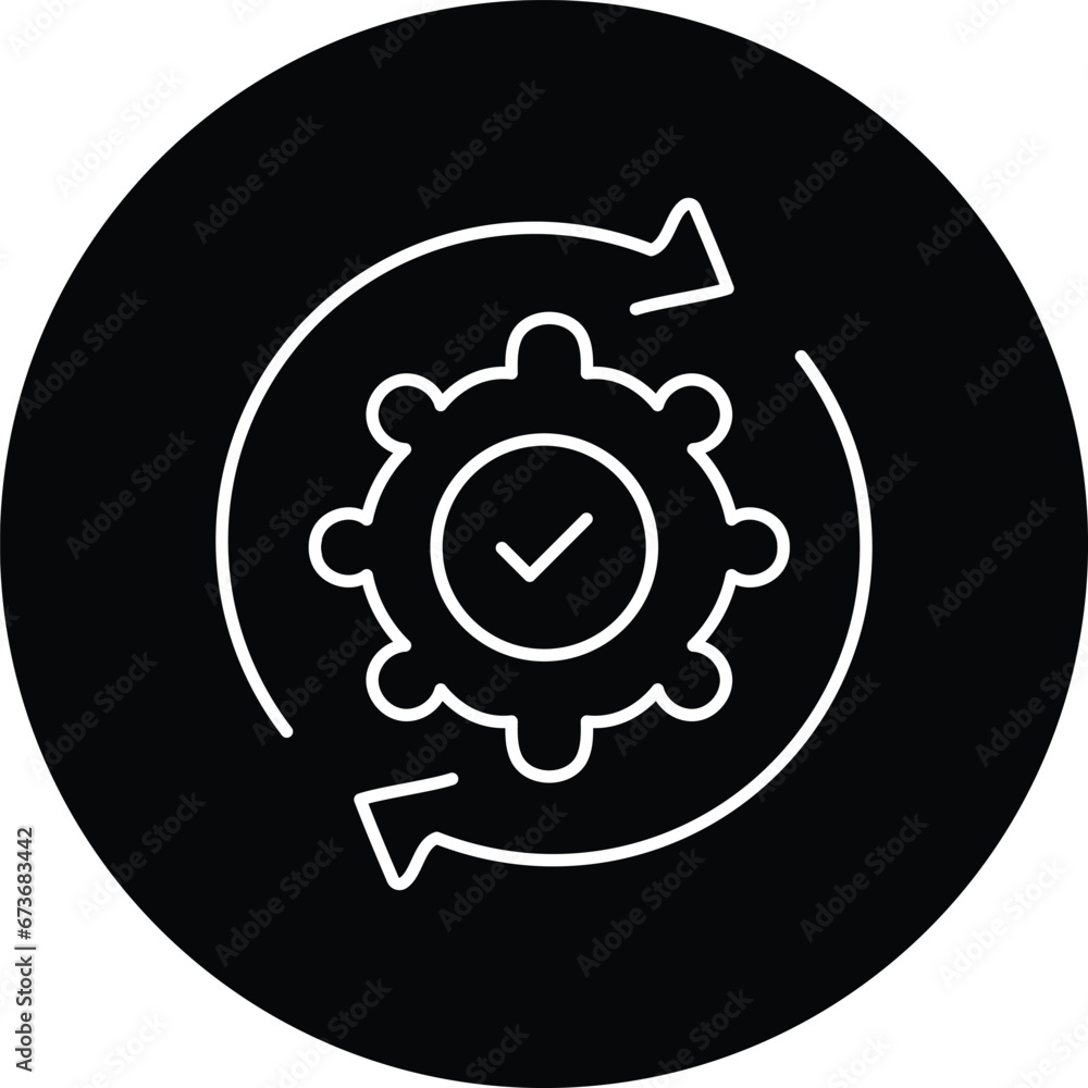 An icon illustrating gear with a checkmark within two circular arrows, signifying rotational verification and gear checks. An icon illustrating gear with a checkmark within two circular arrows, signifying rotational verification and gear checks.