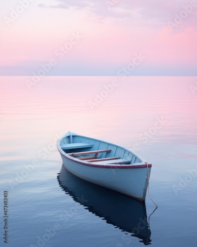 As the sky blazes with the colors of sunrise, a solitary boat glides across the Fototapet