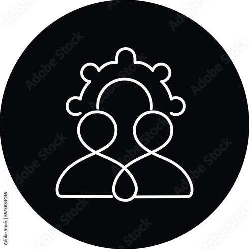 An icon featuring two individuals under a half gear, representing teamwork, collaboration, and partnership in working together.