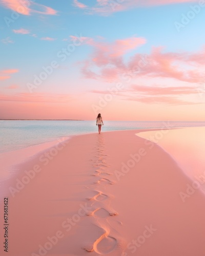 As the sun rises and sets, a woman wanders along the sandy shore, lost in the beauty of the outdoor landscape, her feet sinking into the dunes as she gazes at the endless horizon where the sky meets 