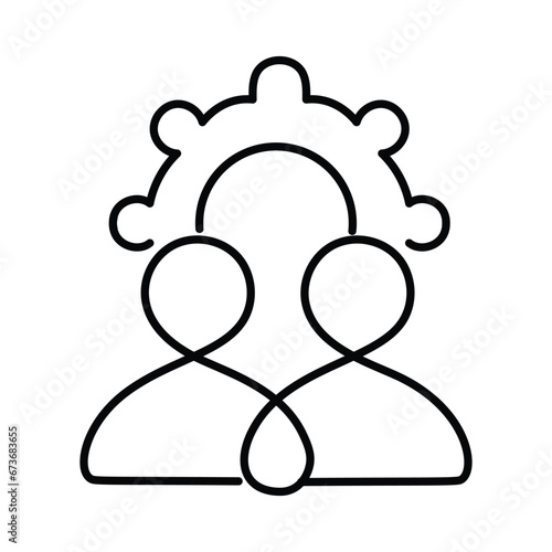 An icon featuring two individuals under a half gear, representing teamwork, collaboration, and partnership in working together.