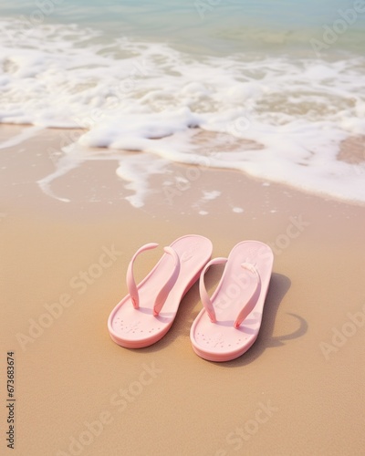 Amidst the golden sand and crashing waves, a pair of vibrant pink flip flops lay abandoned, their journey through the great outdoors coming to a peaceful end on the tranquil beach