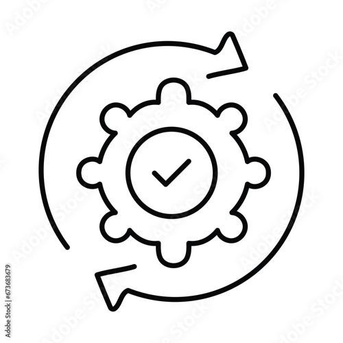 An icon featuring two circular arrows surrounding a gear with a tick mark in the middle, symbolizing rotation verification and operational checks.