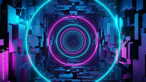 Sci-fi futuristic endless tunnel, vibrant neon colors seamless loop photo