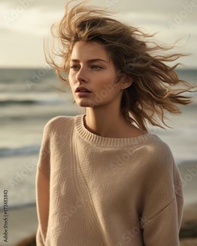 A windswept woman stands on a sandy beach, her flowing hair and billowing clothing capturing the essence of wild freedom and effortless beauty