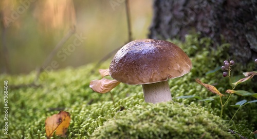 Wild cep mushroom growing in the woods
