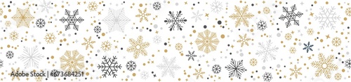 Christmas and Happy New Year snowflake seamless border, festive ornate style repeat backdrop with grey and gold snowflake and star confetti isolated on transparent background, png transparent, photo