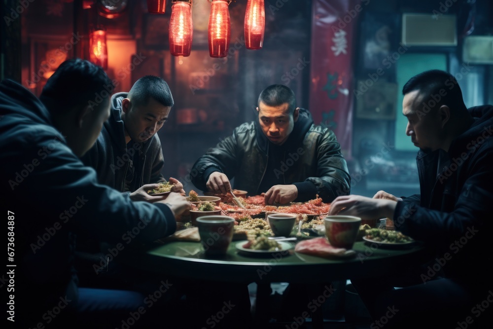 A diverse group of well-dressed men sat around a lavish table, indulging in a sumptuous feast while engaging in lively conversation, creating a scene of sophistication and camaraderie within the cozy A diverse group of well-dressed men sat around a lavish table, indulging in a sumptuous feast while engaging in lively conversation, creating a scene of sophistication and camaraderie within the cozy