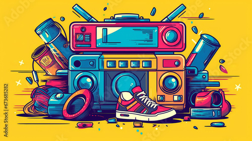 Design 80s-themed online clothing store logo , roller skates, cassette tapes. photo