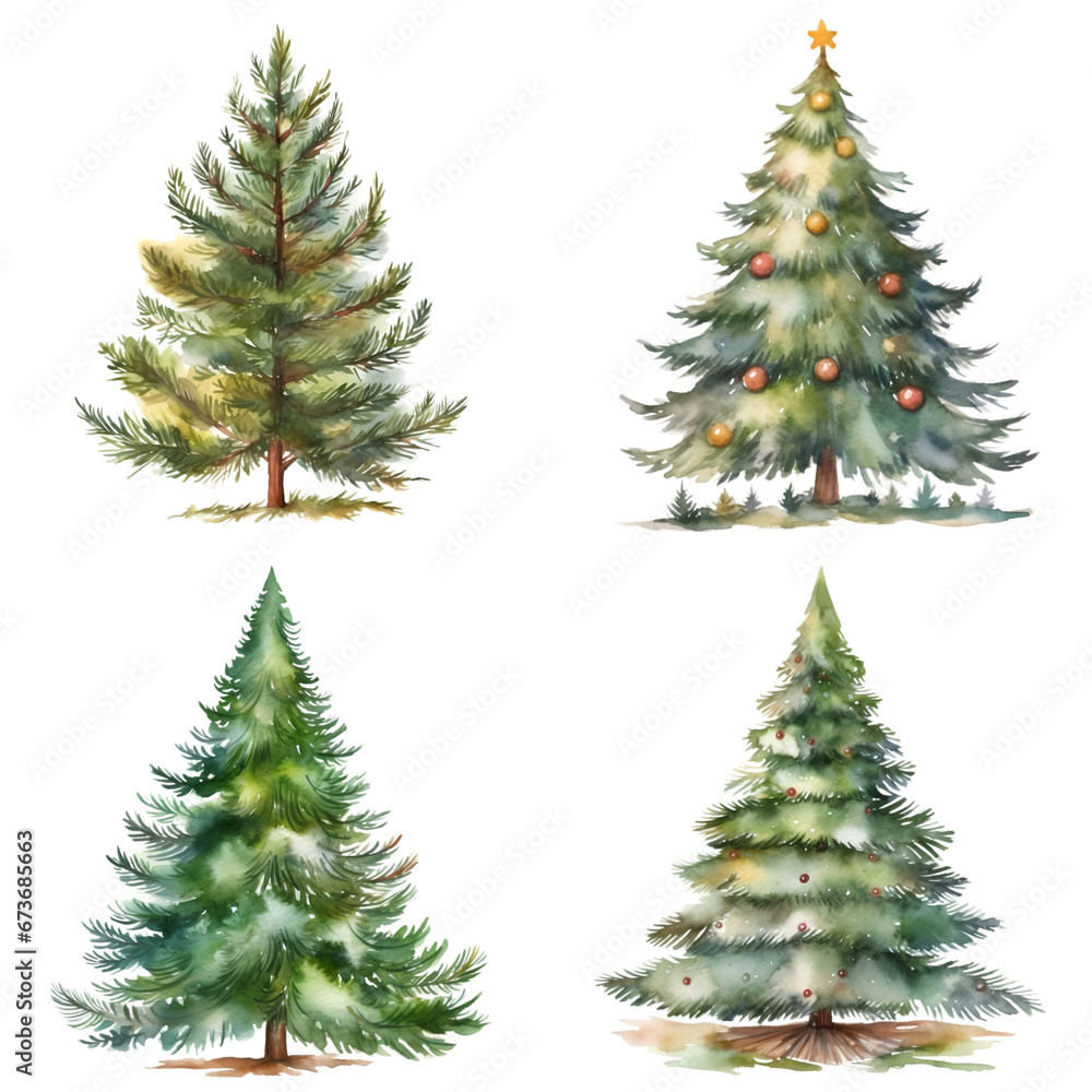 Set of hand drawn watercolor Christmas trees isolated on white background Set of hand drawn watercolor Christmas trees isolated on white background