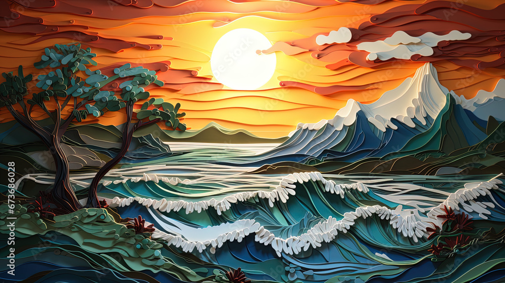 Sunset landscape oil painting, generative ai
