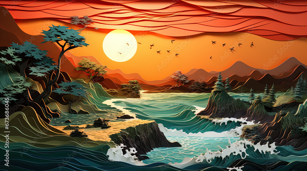 Sunset landscape oil painting, generative ai