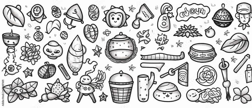 New Year themed lucky charms hand drawn line drawing illustration on white background New Year themed lucky charms hand drawn line drawing illustration on white background