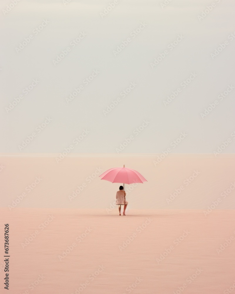 A lone woman, adorned in a vibrant pink umbrella, stands boldly against the vast desert landscape, the sky above her an endless expanse of cerulean while the golden dunes and sandy ground stretch out