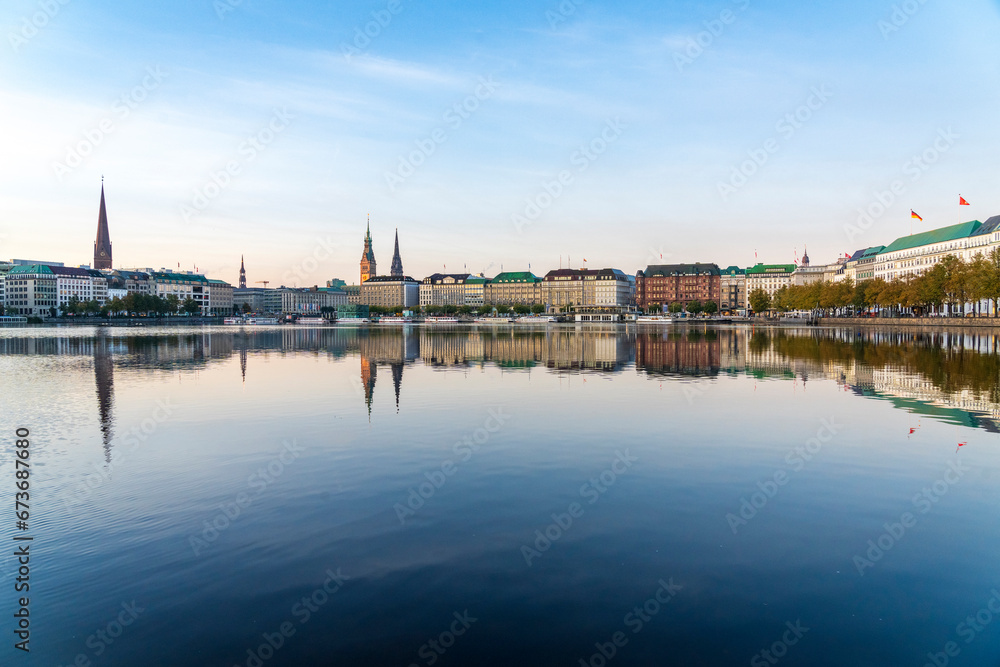 Reflection of buildings at Binnenalster lake, Hamburg, Germany Reflection of buildings at Binnenalster lake, Hamburg, Germany