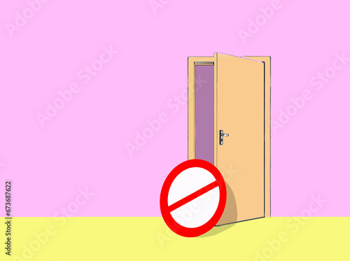 Forbidden sign on open door against pink background