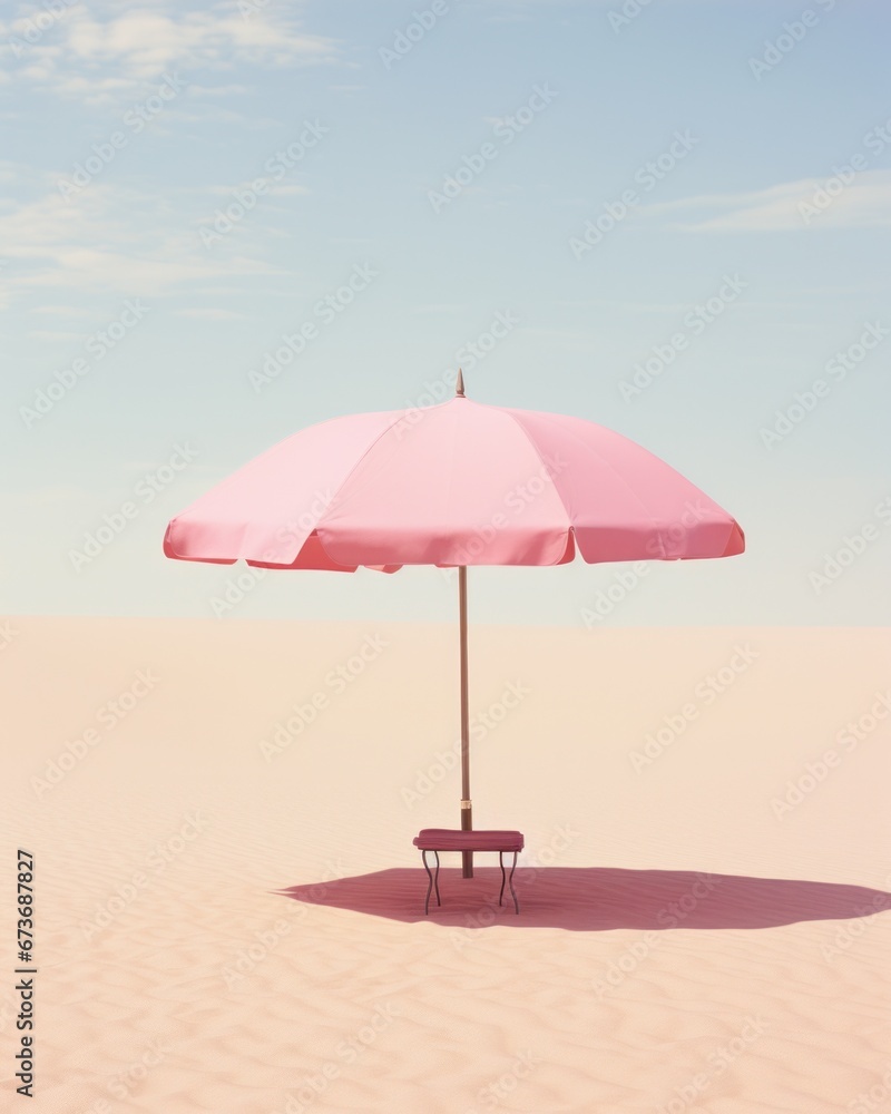 A lone pink umbrella stands tall in the shifting sands of the beach, its vibrant hue a stark contrast against the serene sky and scattered clouds, beckoning to be lifted and carried away on an advent