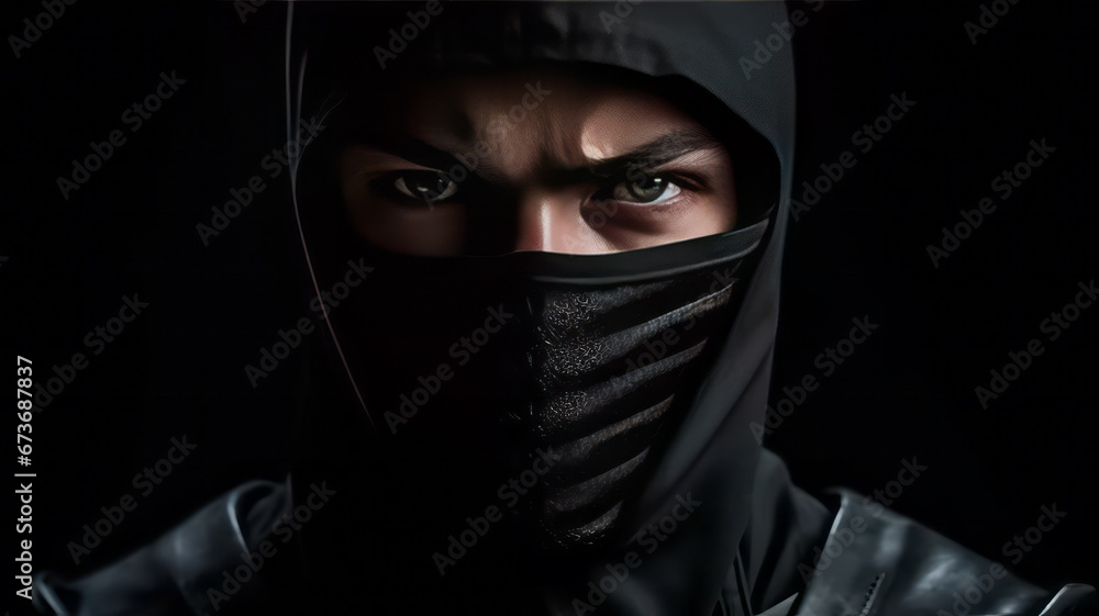 Assassin ninja in black clothes on dark background Assassin ninja in black clothes on dark background