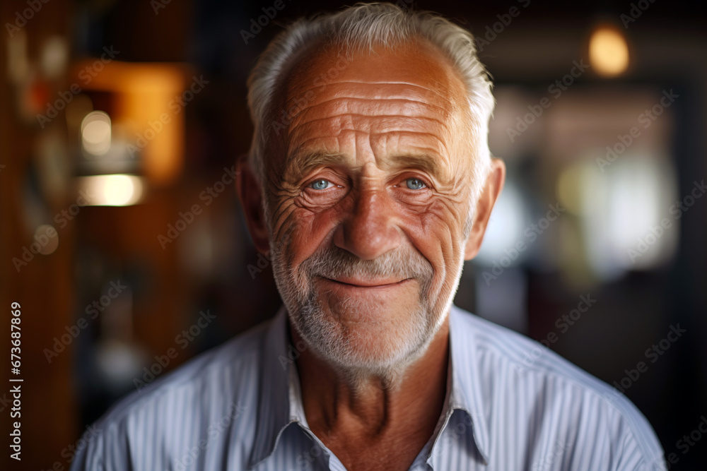 Happy smiling elderly man. Old person. AI.