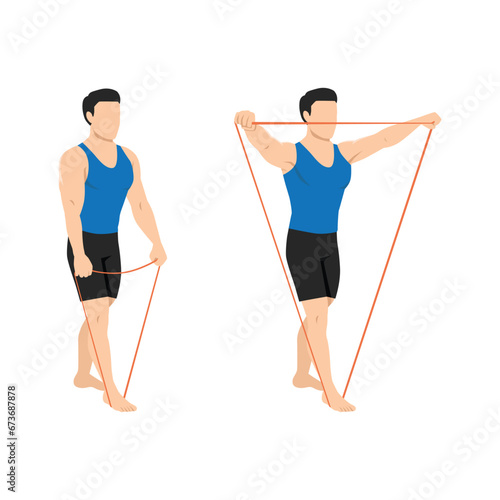 Man doing lateral raises with resistance band exercise. Flat vector illustration isolated on white background