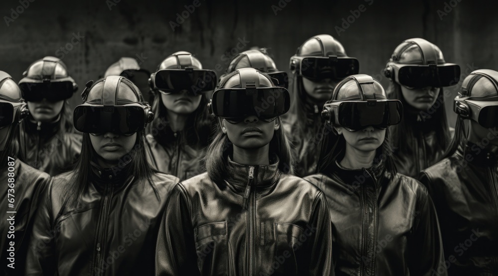 A monochrome crew of street-wise women don virtual reality helmets as they venture into an outdoor world of limitless possibilities, transcending the boundaries of clothing and embracing their inner A monochrome crew of street-wise women don virtual reality helmets as they venture into an outdoor world of limitless possibilities, transcending the boundaries of clothing and embracing their inner