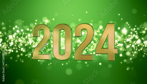 3d render of christmas golden light shine particles bokeh over green background and the numbers 2024 in gold - represents the new year - vacation concept.