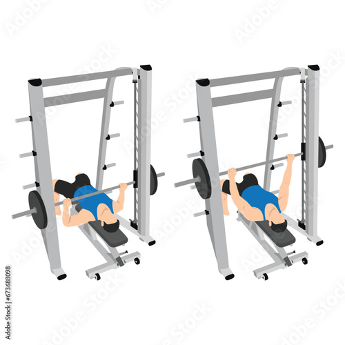 Man doing smith machine bench press exercise. Flat vector illustration isolated on white background
