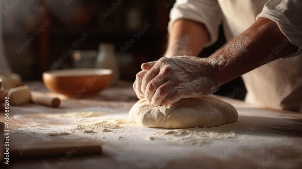 Close up of hand kneading the dough on the table in the kitchen