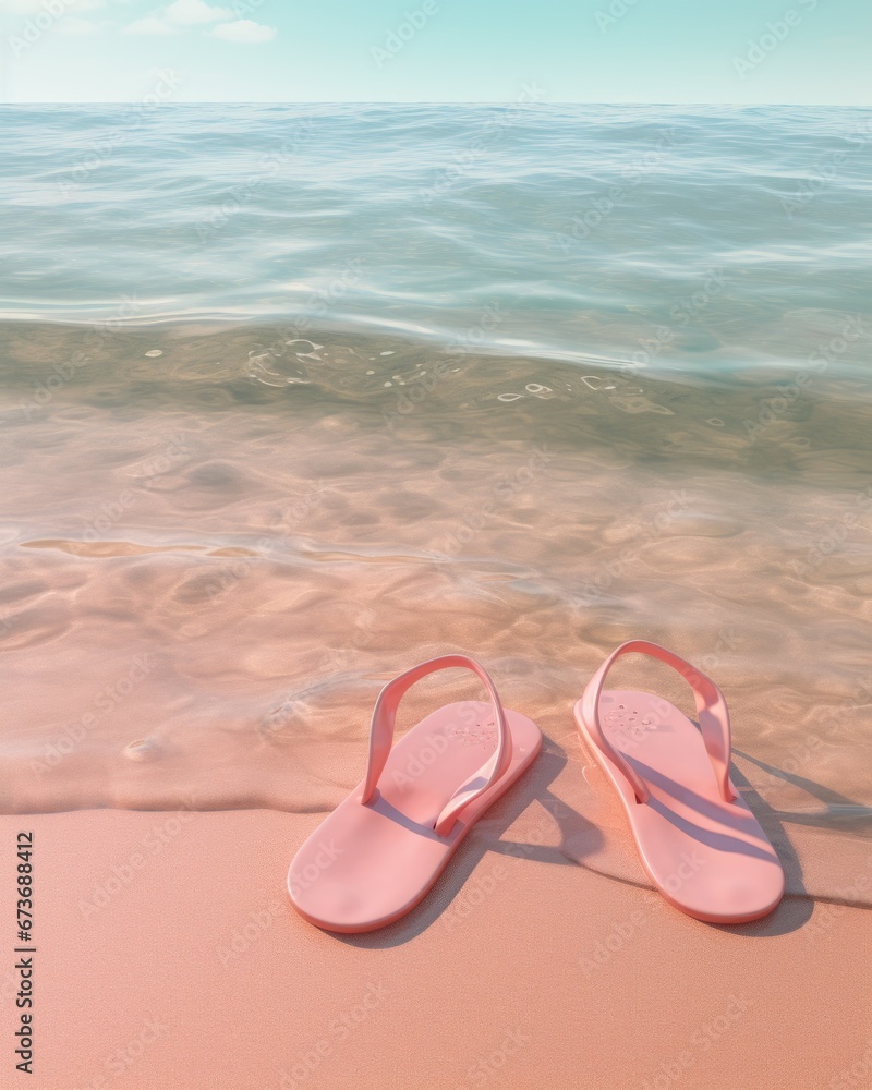 Soft pink flip flops dance on the sandy shore, embracing the salty ocean breeze and grounding themselves in the wild beauty of the beach