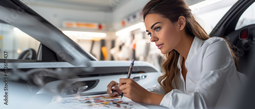Professional female car designer working in a clean white studio © LomaPari2021