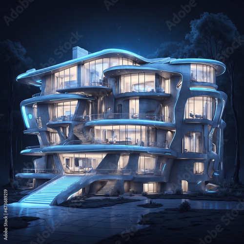 A house with advanced technologically advanced future design. There are neon blue lights around the house. Without people