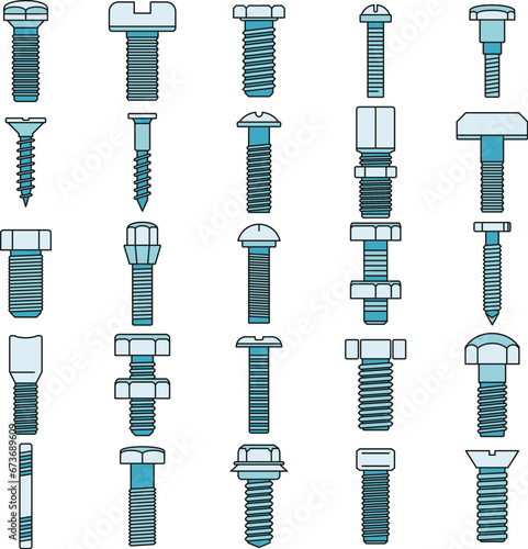 Screw-bolt industrial icons set. Outline set of screw-bolt industrial vector icons thin line color flat on white