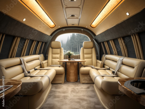 Plush beige seats in a private jet, with wooden table, premium finish, and scenic window views.