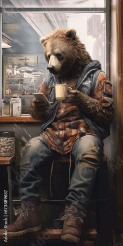 Artistic depiction of a bear in city attire using a phone and sipping coffee, blending wildlife with urban lifestyle.