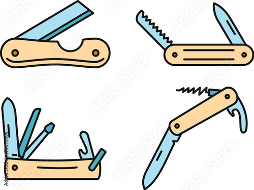 Multifunction penknife icons set. Outline set of multifunction penknife vector icons thin line color flat on white