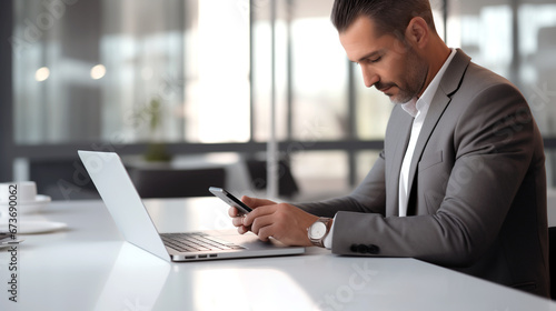 A young caucasian businessman sitting in an office. Working, concentrating on his mobile phone. Concept of getting things done or finish a task. Business, success concept in a modern office setting.