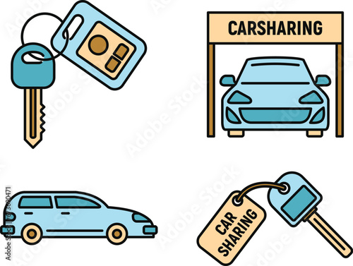 City car sharing icons set. Outline set of city car sharing vector icons thin line color flat on white