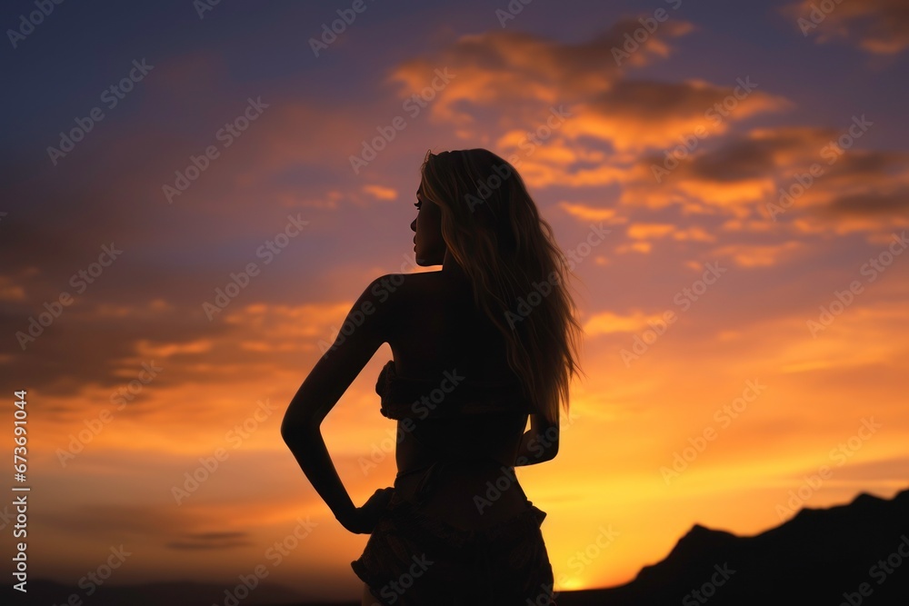 Silhouette of beautiful model woman walking in the sunset on the beach